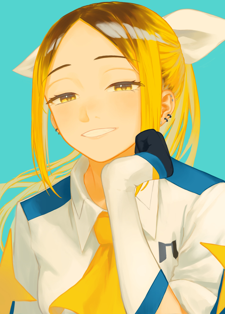 1girl, absurdres, ascot, black_gloves, blonde_hair, blue_background, bow, brown_hair