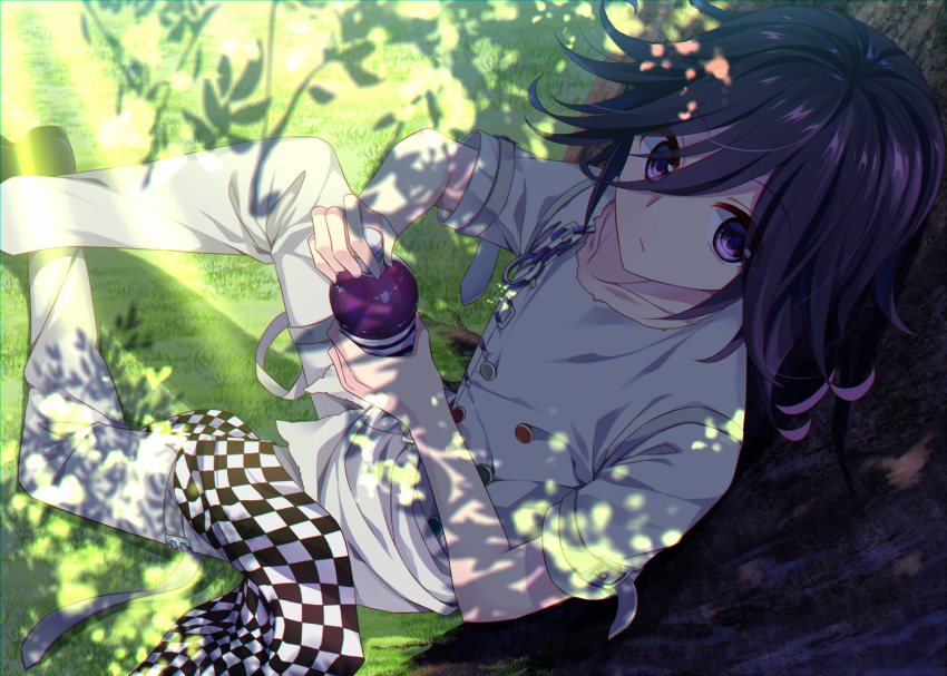 1boy, against_tree, bottle, buttons, checkered_clothes, checkered_scarf, collarbone, commentary_request