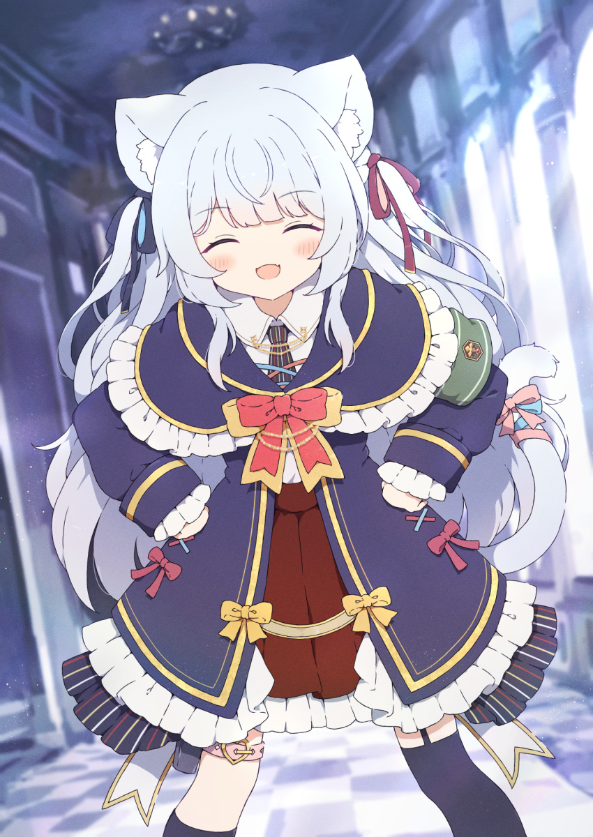 1girl, :d, animal_ear_fluff, animal_ears, asymmetrical_legwear, black_socks, black_thighhighs, blurry