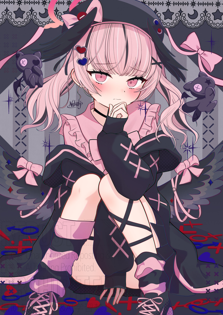 1girl, absurdres, alternate_costume, black_choker, black_hair, black_jacket, black_ribbon, black_shoes, black_wings, blue_archive, blush, bow, bow_on_wing, choker, clenched_hand, closed_mouth, commentary_request, cross-laced_shoes, eyelashes, feathered_wings, frilled_shirt_collar, frills, frown, full_body, grey_background, hair_ornament, hand_up, head_wings, heart, heart_hair_ornament, highres, jacket, jirai_kei, knees_together_feet_apart, knees_up, koharu_(blue_archive), leg_ribbon, looking_at_viewer, low_wings, multicolored_hair, open_clothes, open_jacket, pink_bow, pink_eyes, pink_hair, pink_shirt, ribbon, shirt, shoes, signature, simple_background, sitting, sleeves_past_wrists, sneakers, solo, split_mouth, streaked_hair, tanabata_natsuki, tsurime, watermark, wings, x_hair_ornament
