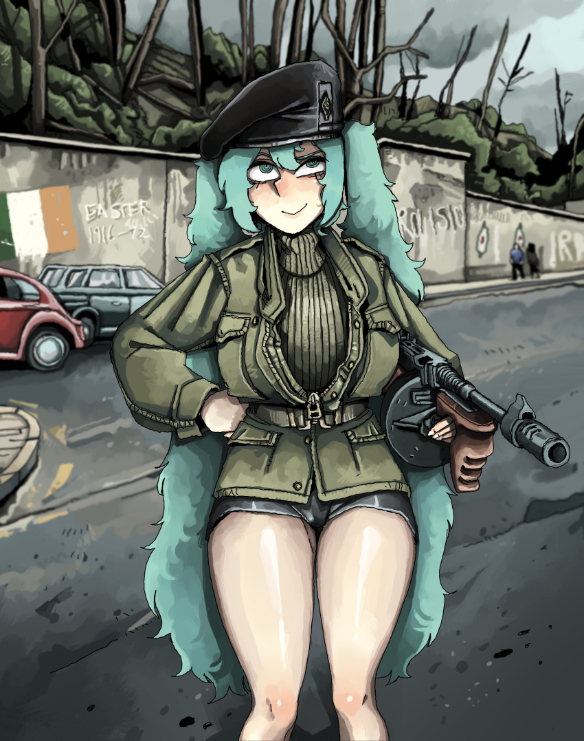 1girl, absurdres, aqua_eyes, aqua_hair, belt, beret, car, drum_magazine