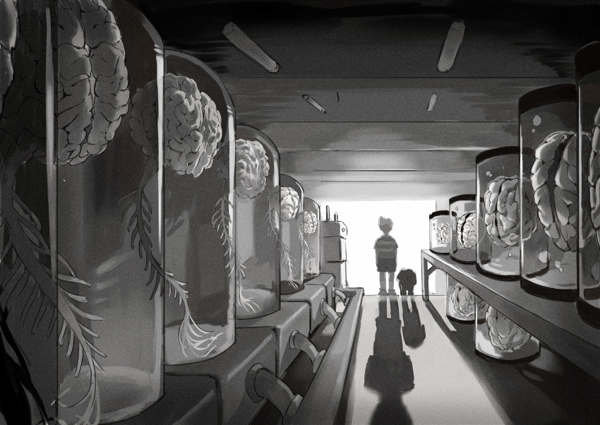 1boy, absurdres, boney, brain, commentary_request, dog, faceless, faceless_male