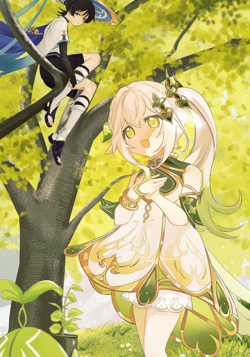 1boy, 1girl, absurdres, aranara_(genshin_impact), armlet, bare_shoulders, black_bridal_gauntlets, black_leggings