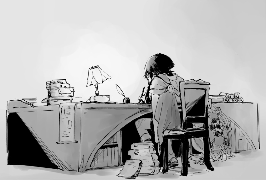 1boy, absurdres, blunt_ends, book, book_stack, cape, chair, desk