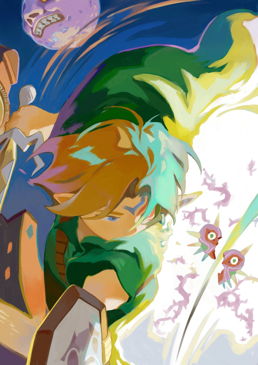 1boy, blonde_hair, blue_eyes, broken, commentary_request, fierce_deity, fighting, green_hat