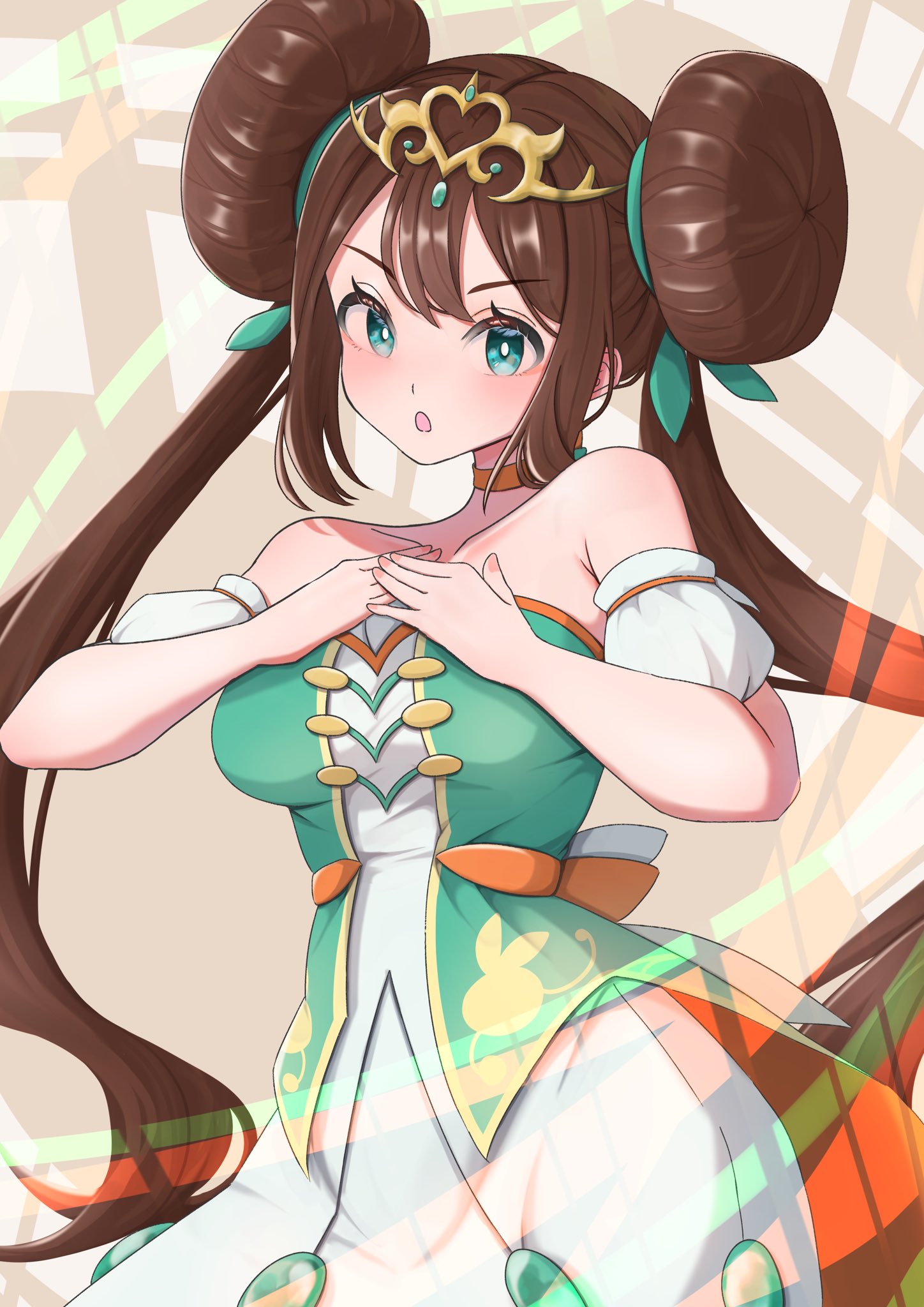 1girl, bare_shoulders, blue_eyes, blush, breasts, bright_pupils, brown_hair, collarbone
