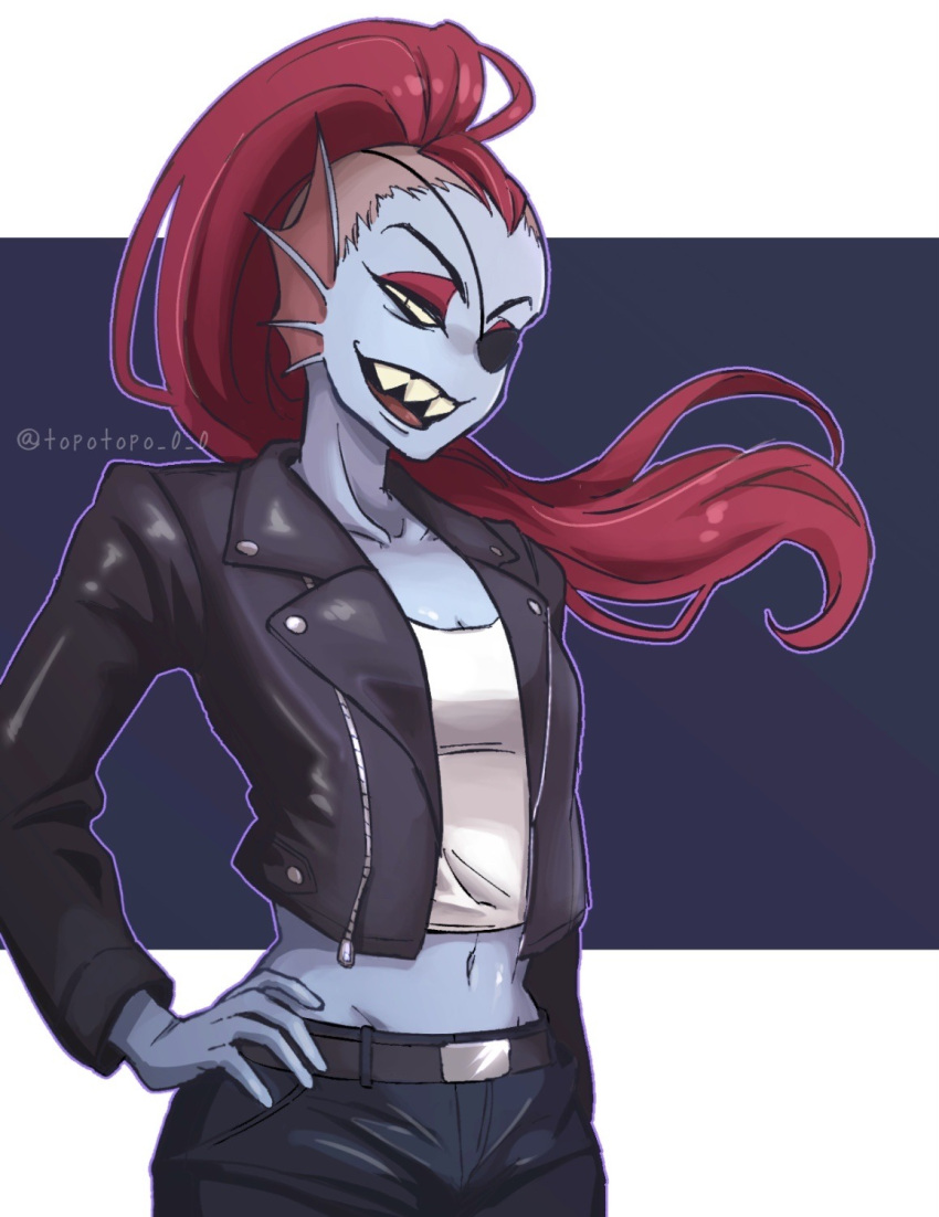 1girl, 2d, alternate_costume, anthro, artist_name, belt, black_eyepatch, black_jacket