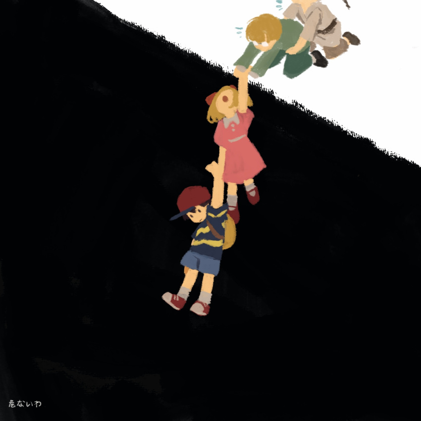 1girl, 3boys, baseball_cap, brown_hair, closed_mouth, commentary_request, dress, flying_sweatdrops