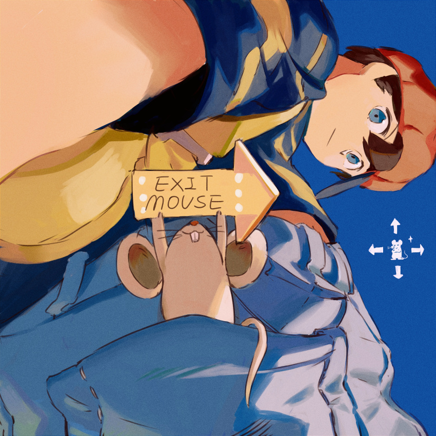 1boy, absurdres, baseball_cap, blue_background, blue_eyes, blue_pants, closed_mouth, exit_mouse_(mother)