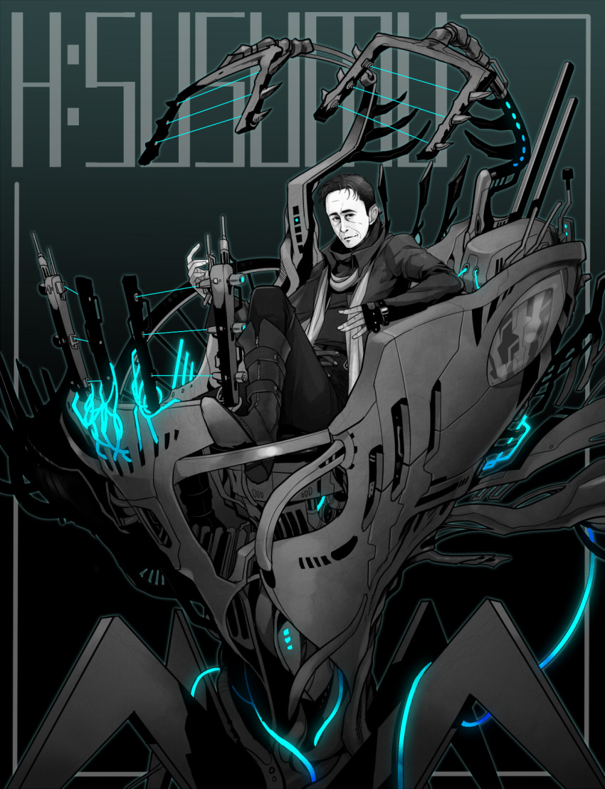 highres, hirasawa_susumu, instrument, laser, monochrome, original, quyo94, scarf