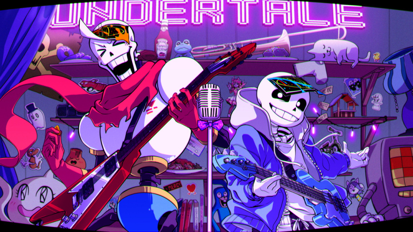 >_<, 2boys, 2d, ahin_vpv, animal, annoying_dog, black_sclera, black_shorts, blue_jacket, blue_shorts, book, bowtie, brothers, cape, character_doll, chromatic_aberration, closed_eyes, colored_sclera, copyright_name, curtains, digital_media, dog, dogamy, dogaressa, doll, doughnut, drawstring, duo, electric_guitar, figure, flag, food, froggit, gloves, grin, guitar, height_difference, holding, holding_guitar, holding_instrument, holding_plectrum, hood, hood_down, hooded_jacket, humanoid, instrument, jacket, ketchup_bottle, lamp, mad_dummy_(undertale), mad_mew_mew, male, male_focus, male_only, mettaton, mettaton_(box), microphone, microphone_stand, monster, monster_boy, multiple_boys, napstablook, onionsan, open_jacket, papyrus_(undertale), plate, playing_guitar, playing_instrument, plectrum, radio, red_cape, red_gloves, rock, sans_(undertale), shelf, shirt, shorts, siblings, skeleton, sleeping, smile, spaghetti, sticker, striped, striped_shorts, teeth, temmie, toy, trombone, undead, undertale, vulkin, white_shirt, white_stripes