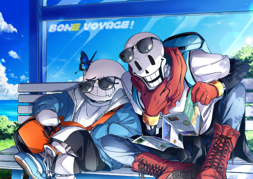 2024, 2boys, 2d, ahin_vpv, animal, backpack, bag, bench, black_sclera, black_shorts, blue_butterfly, blue_jacket, blue_pants, blue_shoes, boots, brothers, bug, butterfly, butterfly_on_head, closed_eyes, cloud, colored_sclera, crossed_legs, day, digital_media, drawstring, drooling, duo, eyewear_on_head, gloves, grin, hand_on_own_chin, height_difference, holding, holding_map, hood, hood_down, hooded_jacket, humanoid, jacket, lace-up_boots, leaning_forward, looking_at_map, male, male_focus, male_only, map, mittens, monster, monster_boy, multiple_boys, on_bench, open_jacket, open_mouth, outdoors, pants, papyrus_(undertale), red_boots, red_gloves, red_scarf, sans_(undertale), scarf, shirt, shorts, shoulder_bag, siblings, sitting, skeleton, sky, sleeping, slippers, smile, sneakers, striped_clothes, striped_shorts, sunglasses, sunglasses_on_head, tape, teeth, undead, undertale, white_gloves, white_mittens, white_shirt, white_stripes