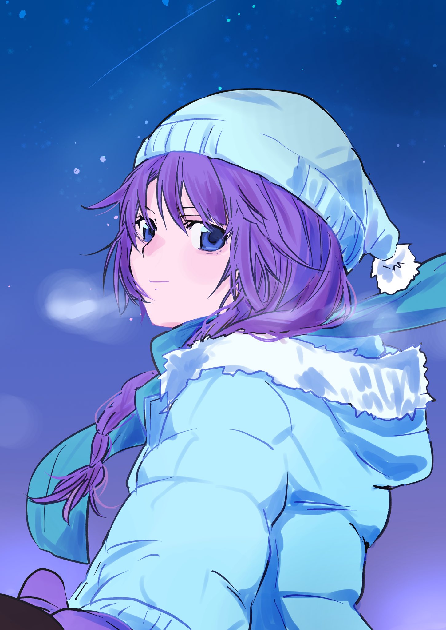 1girl, beanie, blue_coat, blue_eyes, blue_hat, blue_scarf, braid, braided_ponytail