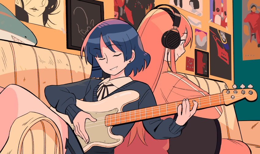 2girls, absurdres, back-to-back, bass_guitar, blazer, blue_hair, blush, bocchi_the_rock!