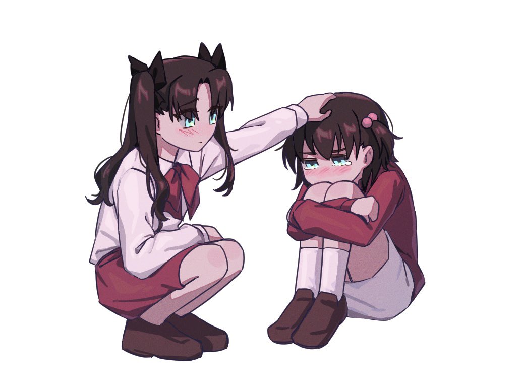 2girls, black_bow, blue_eyes, blush, bow, bowtie, brown_hair, brown_shoes