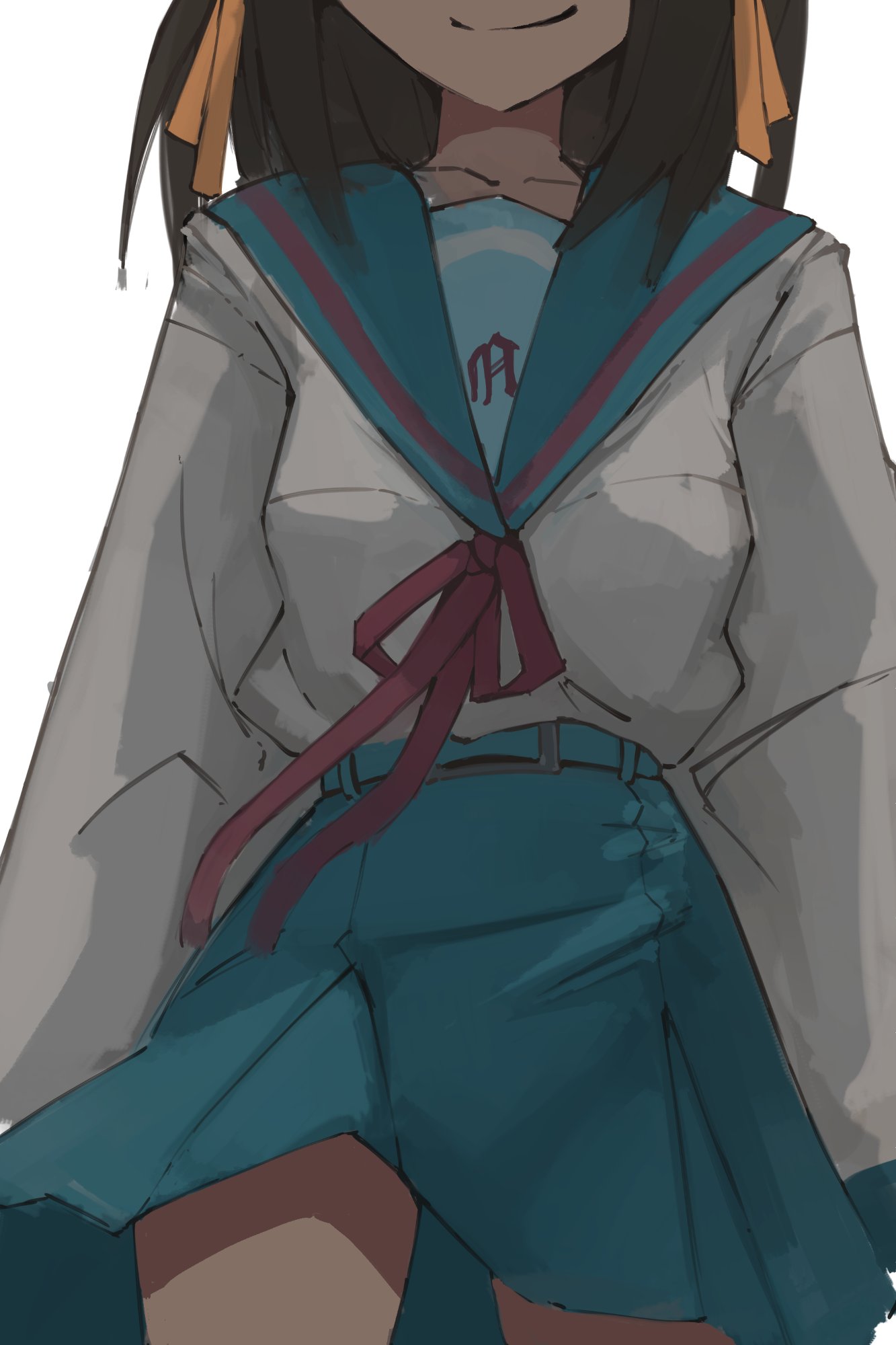 1girl, blue_collar, blue_skirt, blue_undershirt, brown_hair, clothes_writing, collar, english_commentary