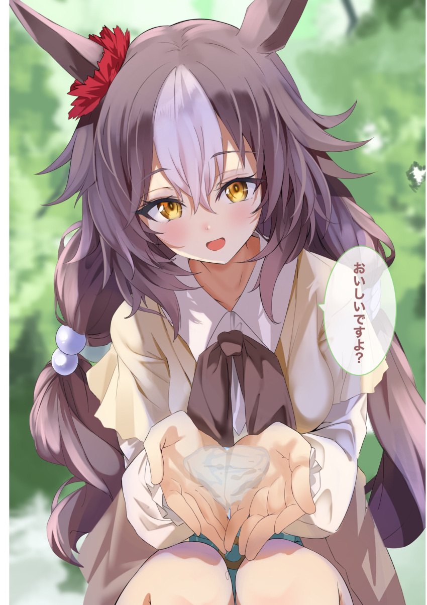 1girl, blush, breasts, brown_eyes, brown_hair, casual, forest, hair_between_eyes