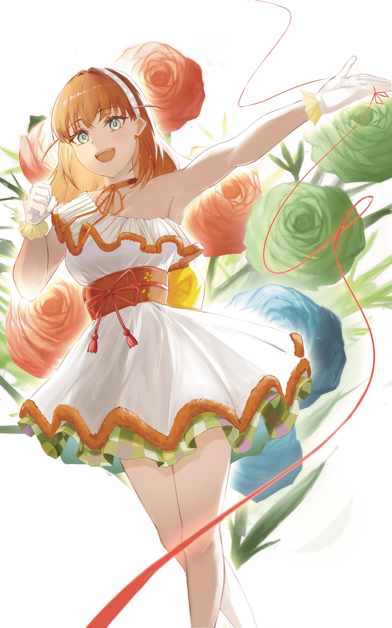 1girl, :d, aqua_eyes, armpits, blue_flower, blush, breasts, choker