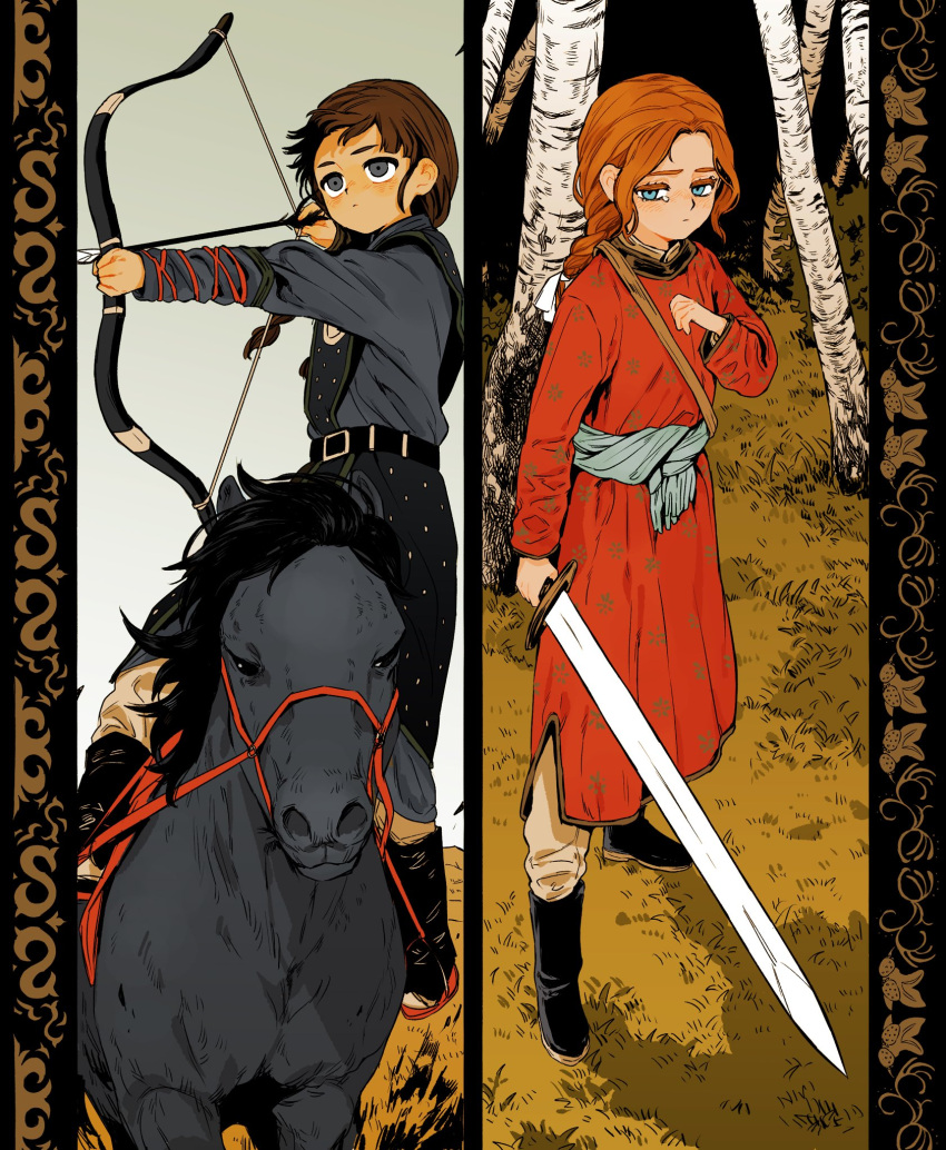 2girls, ancient_mongolian_armor, aqua_eyes, aqua_sash, arrow_(projectile), black_boots, boots, bow_(weapon), braid, brown_hair, brown_pants, chinese_clothes, deel, dress, forest, grass, grey_dress, grey_eyes, hanfu, highres, holding, holding_sword, holding_weapon, horse, horseback_archery, horseback_riding, long_hair, mongolia, mongolia_(nanimonothing), mongolian_clothes, multiple_girls, nanimonothing, nature, orange_hair, original, pants, red_dress, red_hanfu, riding, russia_(nanimonothing), sword, tree, twin_braids, weapon, yuanlingpao