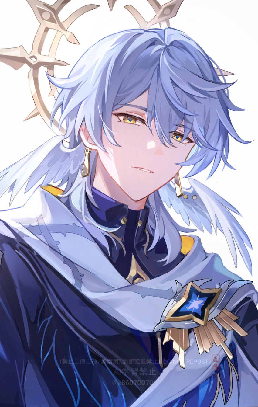 1boy, artist_name, black_shirt, blue_hair, blue_jacket, commentary_request, earrings, feathered_wings