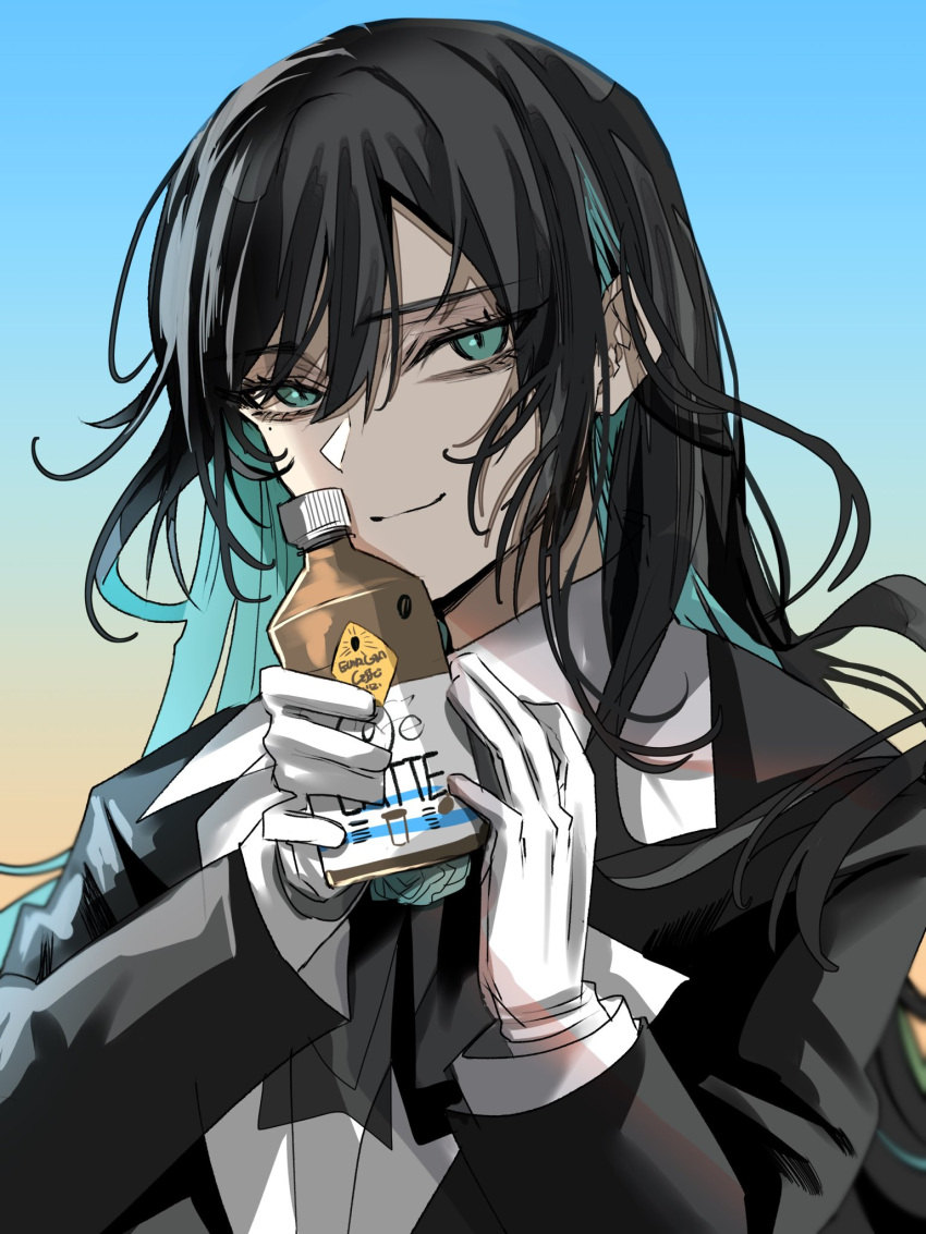 ado_(utaite), black_coat, black_hair, blue_eyes, blue_hair, bottle, chando_(ado), closed_mouth