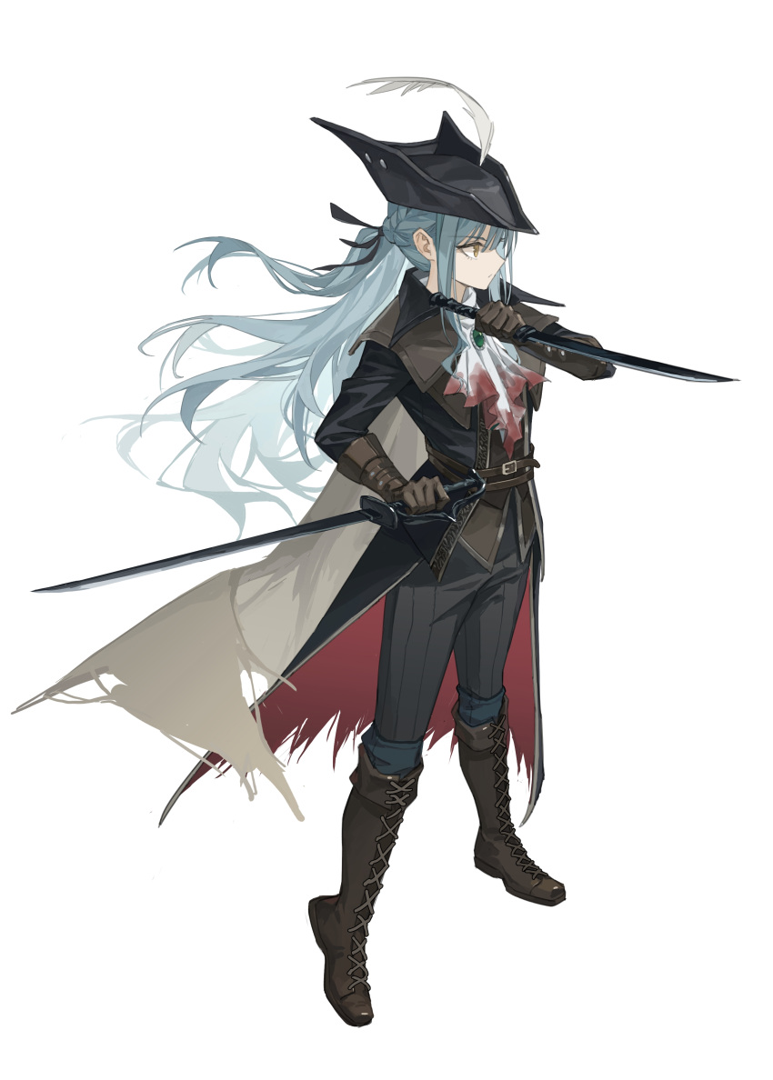 1girl, absurdres, bang_dream!, bang_dream!_it's_mygo!!!!!, black_coat, black_hat, bloodborne, blue_hair