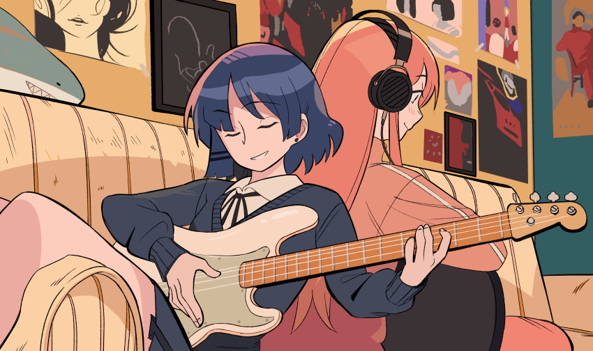 2girls, absurdres, back-to-back, bass_guitar, black_ribbon, blue_cardigan, blue_hair, blush