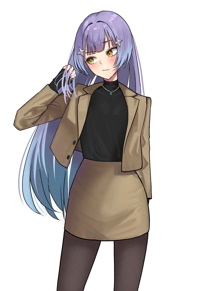 1girl, a5235, black_gloves, black_shirt, blazer, blue_hair, brown_jacket, brown_pantyhose
