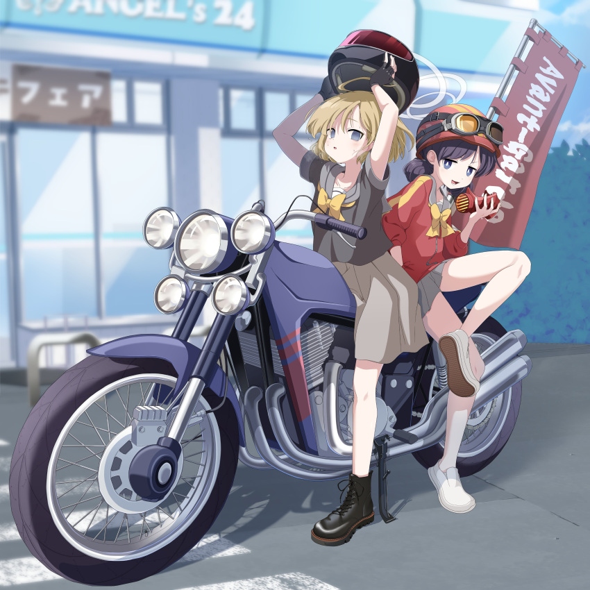2girls, :o, absurdres, banner, black_hair, black_helmet, blonde_hair, blue_archive