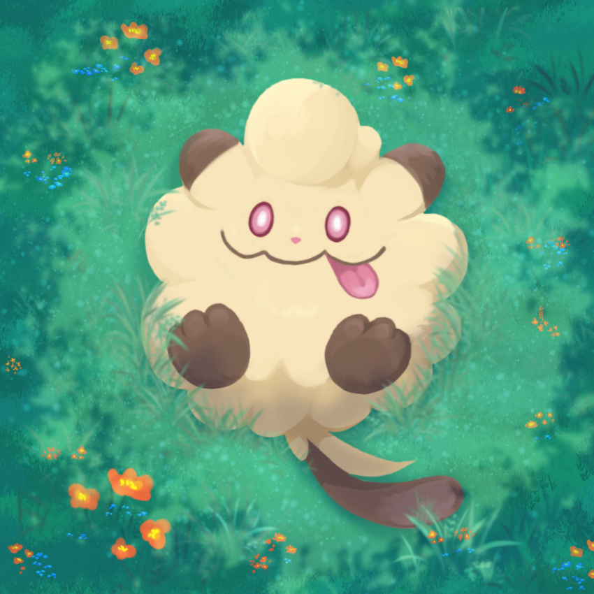 alternate_color, bright_pupils, closed_mouth, commentary_request, day, flower, from_above, grass