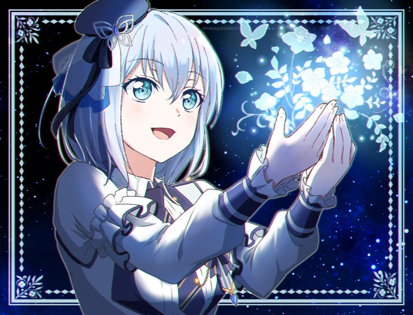 1girl, bang_dream!, blue_eyes, blue_necktie, blush, bug, butterfly, flower