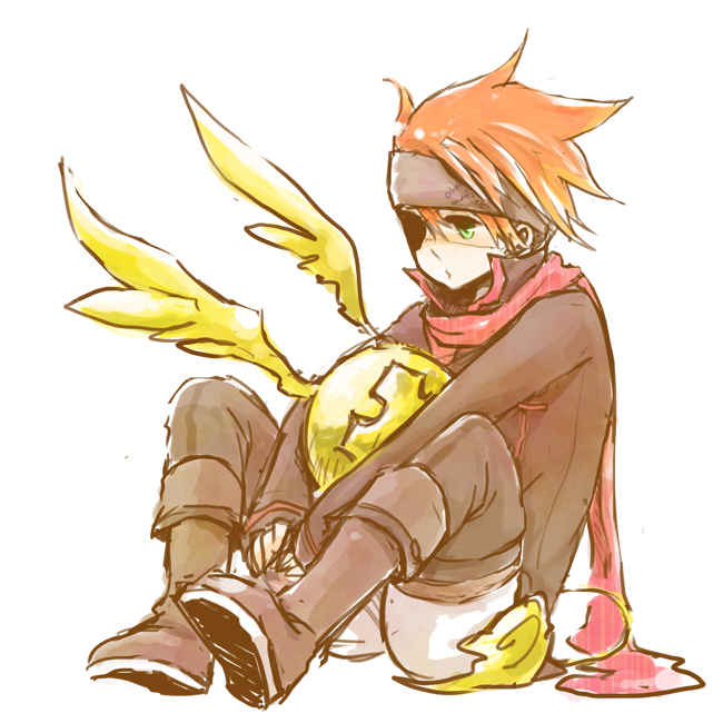 1boy, black_headband, black_order_uniform, boots, d.gray-man, eyepatch, feathered_wings, green_eyes
