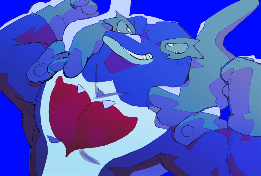 arms_up, blue_background, blue_theme, clenched_hand, gloves, grin, highres, looking_ahead