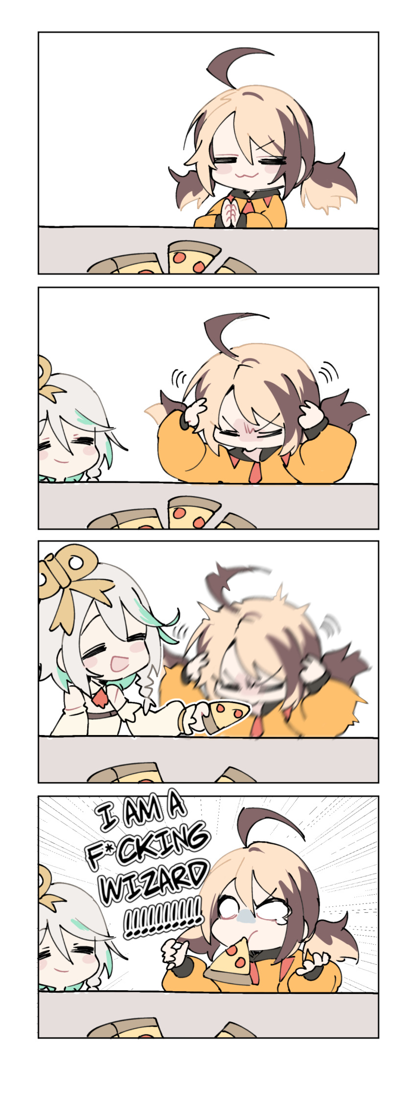 2girls, =_=, absurdres, ascot, blush_stickers, cecilia_immergreen, cecilia_immergreen_(1st_costume), chibi