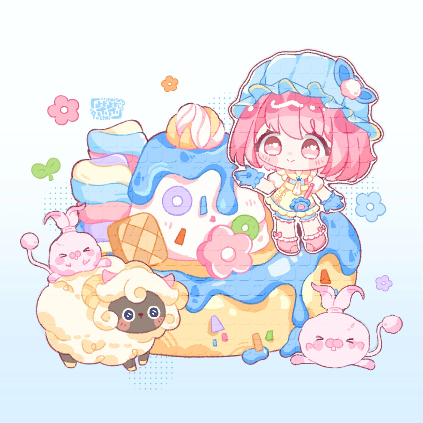 >_<, 1girl, apron, blue_background, blue_bow, blue_gloves, blue_hat, blue_shirt