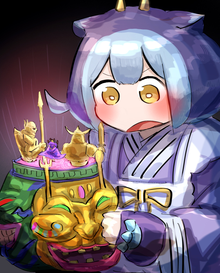 1girl, apron, blue_hair, blush, cape, dragon_girl, dragon_horns, duel_monster