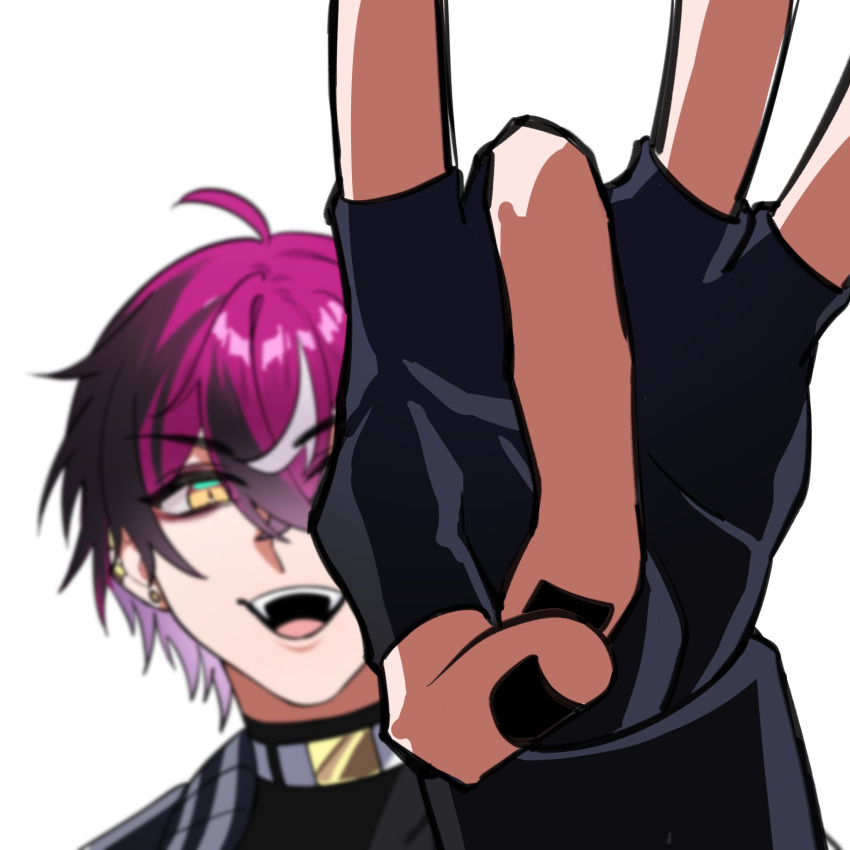 1boy, arm_up, belt, belt_buckle, belt_collar, black_gloves, black_nails, black_shirt, buckle, collar, commentary, doppio_dropscythe, doppio_dropscythe_(1st_costume), english_commentary, fingerless_gloves, flick, gloves, highres, jacket, male_focus, molin_alinlin, multicolored_eyes, multicolored_hair, nail_polish, nijisanji, nijisanji_en, open_mouth, purple_hair, shirt, simple_background, slit_pupils, solo, streaked_hair, teeth, tongue, upper_body, upper_teeth_only, white_background, white_belt