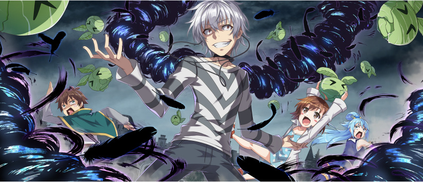 2boys, 2girls, :d, accelerator_(toaru_majutsu_no_index), ahoge, albino, aqua_(konosuba), asymmetrical_bangs