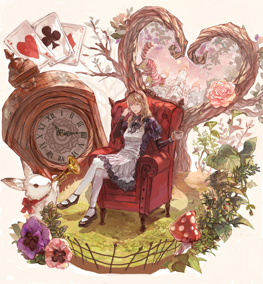 alice_in_wonderland, armchair, blonde_hair, bunny, card, cards, cheshire_cat, clock, crossed_legs, cup, faux_figurine, floating_card, flower, hairband, highres, instrument, legs_crossed, long_hair, mary_janes, mushroom, pansy, pantyhose, pink_rose, playing_card, playing_cards, rabbit, rose, shoes, sitting, tanukiudon-umai, teacup, trumpet, white_legwear