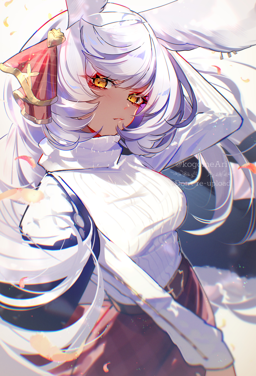 1girl, animal_ears, arm_up, belt, belt_buckle, blush, breasts, buckle