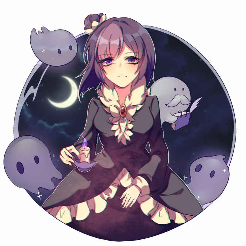 1girl, black_dress, blackberry_cookie, brooch, candle, cookie_run, dress, frills, highres, holding, humanization, jewelry, juliet_sleeves, lolita_fashion, long_hair, long_sleeves, looking_at_viewer, petticoat, physics_(helly), puffy_sleeves, purple_hair, simple_background, solo, striped_clothes, violet_eyes