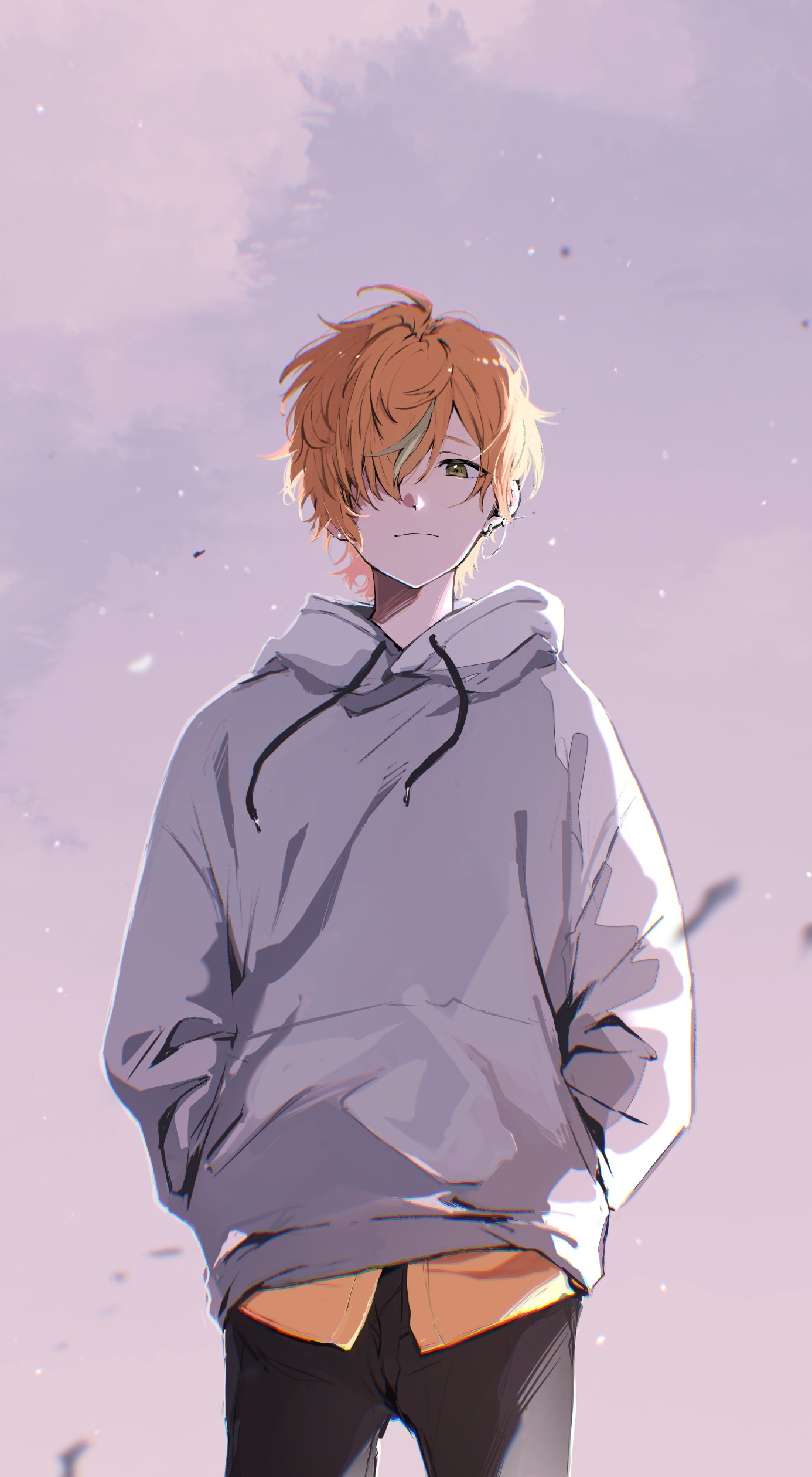 1boy, absurdres, black_pants, brown_eyes, closed_mouth, dot_nose, drawstring, grey_hoodie, hair_over_one_eye, hands_in_pockets, highres, hood, hoodie, kuuu_ilst, long_sleeves, male_focus, multicolored_hair, one_eye_covered, orange_hair, orange_shirt, pants, project_sekai, shinonome_akito, shirt, short_hair, solo, standing, streaked_hair