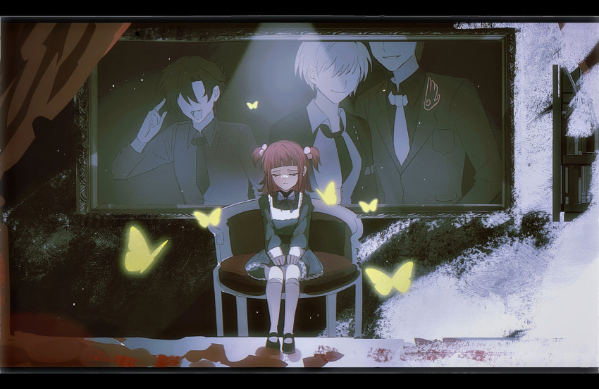 1481958711, 1girl, beads, blood, blood_on_ground, bug, butterfly, chair