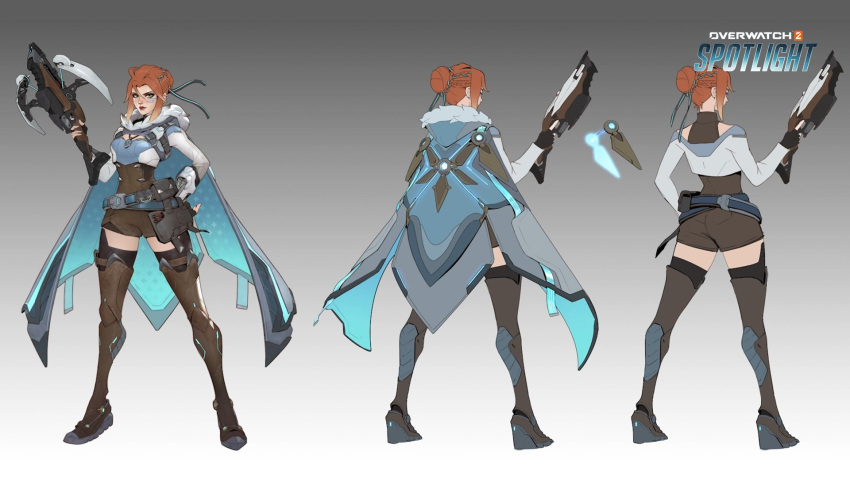 1girl, ass, bowgun, cape, commentary, concept_art, cowlick, crossbow