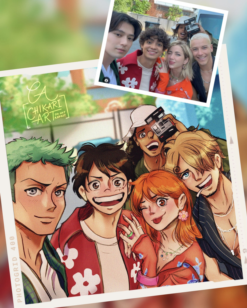 1girl, 4boys, black_hair, blonde_hair, chikariart, commentary, earrings, emily_rudd