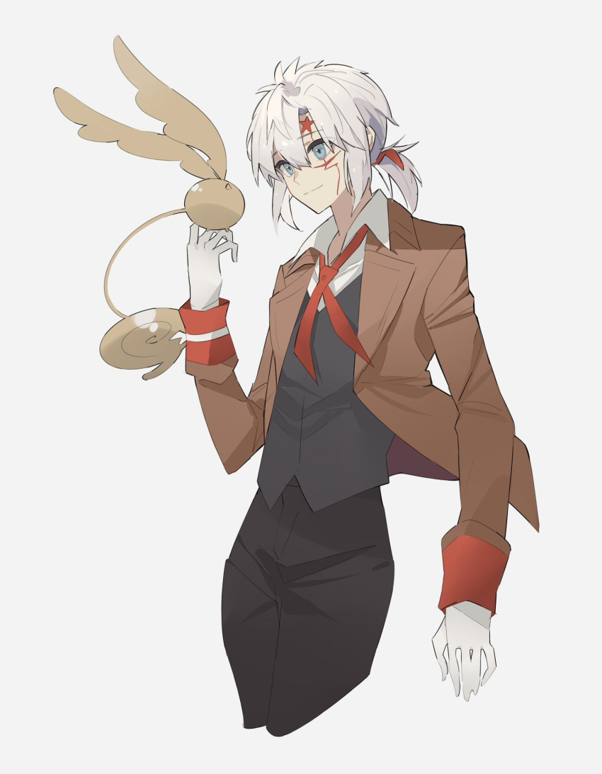 1boy, allen_walker, black_pants, black_vest, blue_eyes, brown_coat, coat, collared_coat, collared_shirt, creature, creature_on_hand, d.gray-man, facial_mark, floating_clothes, george_man, gloves, golem_(d.gray-man), grey_background, hair_between_eyes, hair_ribbon, highres, light_smile, looking_at_another, low_ponytail, medium_hair, necktie, pants, ponytail, red_necktie, red_ribbon, red_stripes, ribbon, scar, scar_on_face, shirt, short_ponytail, sidelocks, solo, star_(symbol), star_facial_mark, striped_coat, tail, timcanpy, trench_coat, vest, white_gloves, white_hair, white_shirt, wings