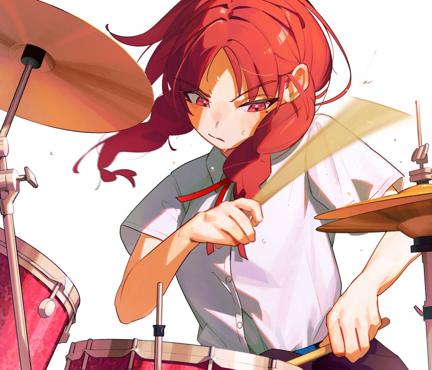 1girl, absurdres, afterimage, blue_skirt, braid, closed_mouth, collared_shirt, commentary