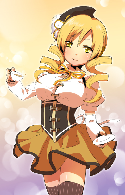 beret, blonde_hair, breasts, cup, drill_hair, hair_ornament, hat, large_breasts