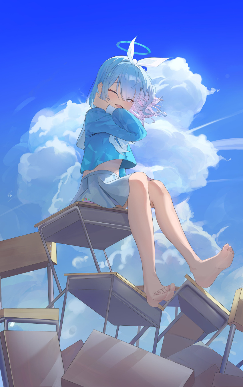 1girl, :d, ^_^, absurdres, arona_(blue_archive), backlighting, barefoot, blue_archive