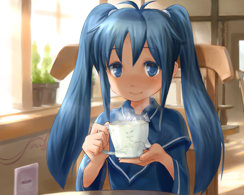 ahoge, blue_eyes, blue_hair, colored_eyelashes, cup, face, hands, heus_(nuntarou), imaichi_moenai_ko, kobe_shinbun, long_hair, looking_at_viewer, mug, nuntarou, payot, school_uniform, sitting, smile, solo, teacup, twintails